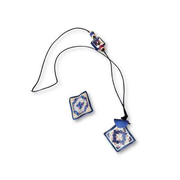 Handmade Artisan Jenny P Polymer Clay Log Cabin Quilt Blanket Necklace & Brooch - Picture 1 of 8